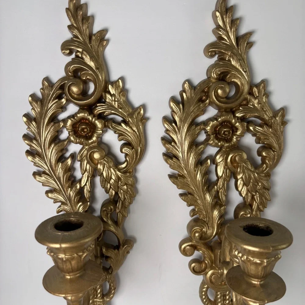 Burwood Vintage Gold Wall‎ Sconce Pair Ornate Hollywood Regency Floral Tassel